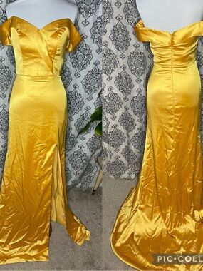 Satin Off-Shoulder golden Mermaid Prom Gown